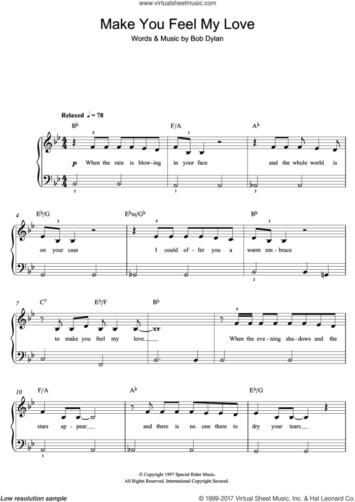 Make You Feel My Love sheet music for piano solo (beginners) by Bob Dylan, beginner piano (beginners)