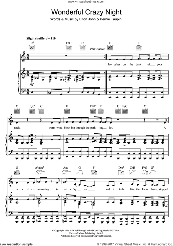 Wonderful Crazy Night sheet music for voice, piano or guitar by Elton John, intermediate skill level