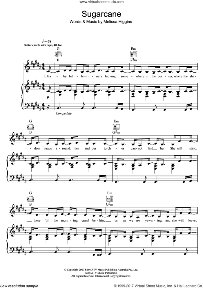 Sugarcane sheet music for voice, piano or guitar by Missy Higgins, intermediate skill level