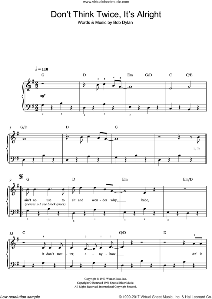Don't Think Twice, It's All Right sheet music for piano solo (beginners) by Bob Dylan, beginner piano (beginners)