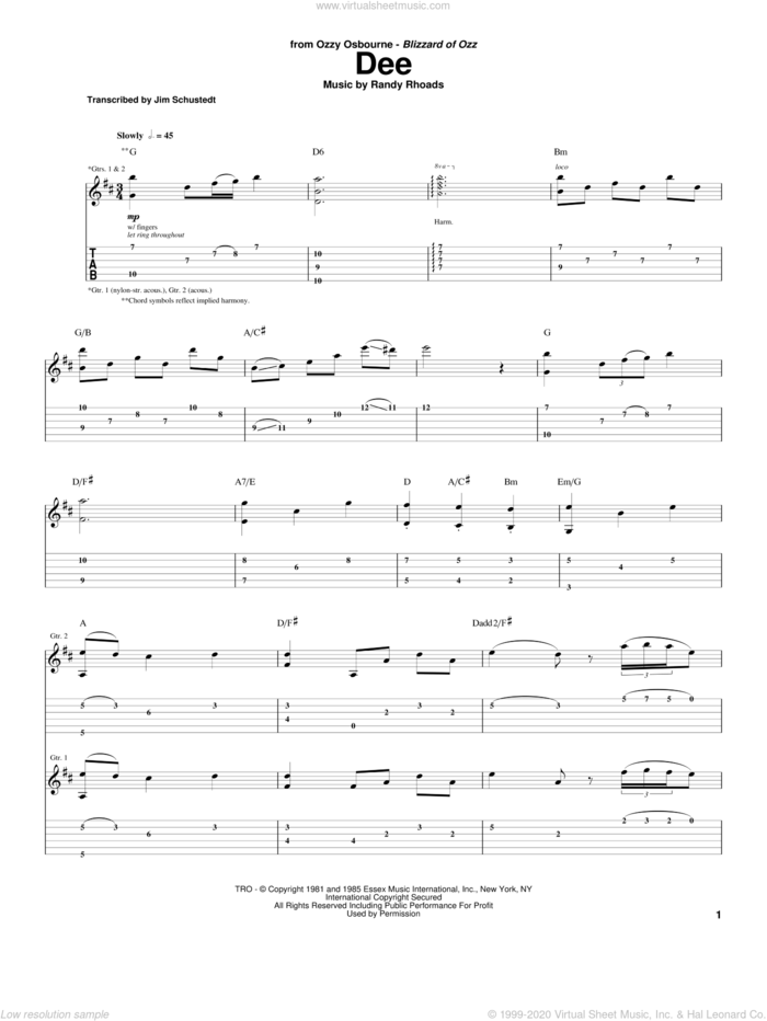 Dee sheet music for guitar (tablature) by Randy Rhoads and Ozzy Osbourne, intermediate skill level
