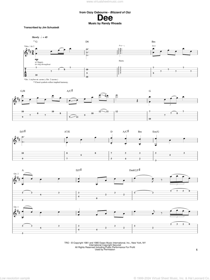 Dee sheet music for guitar (tablature) by Randy Rhoads and Ozzy Osbourne, intermediate skill level