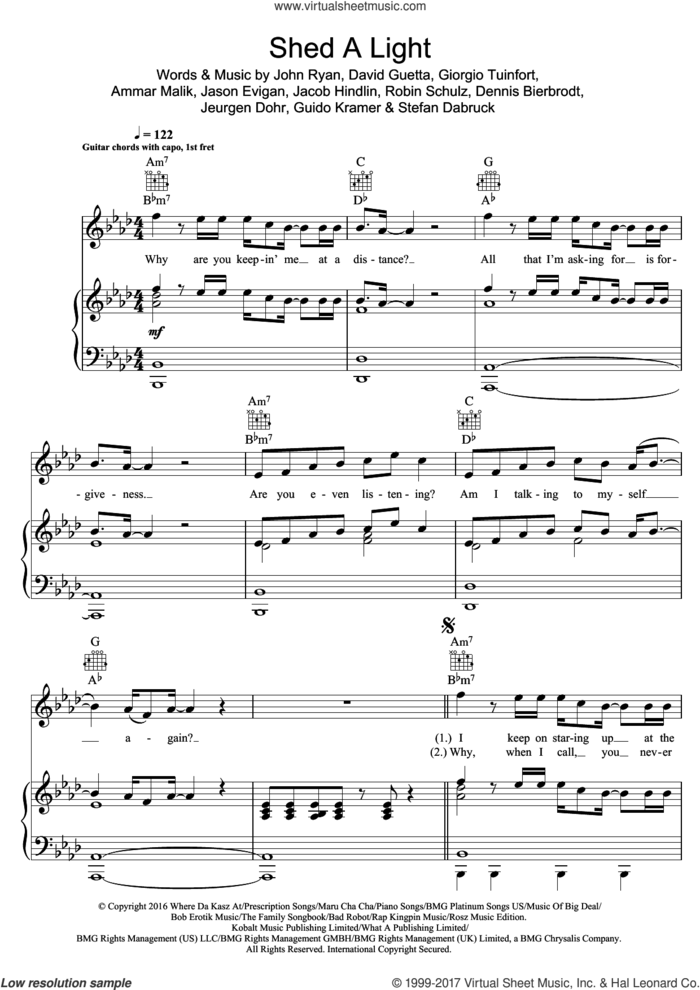 Shed A Light (featuring Cheat Codes) sheet music for voice, piano or guitar by David Guetta, Cheat Codes and Robin Schulz, intermediate skill level