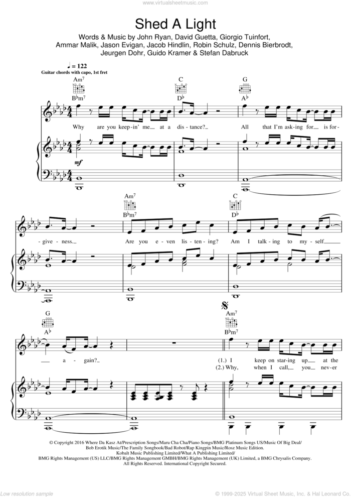 Shed A Light (featuring Cheat Codes) sheet music for voice, piano or guitar by David Guetta, Cheat Codes and Robin Schulz, intermediate skill level