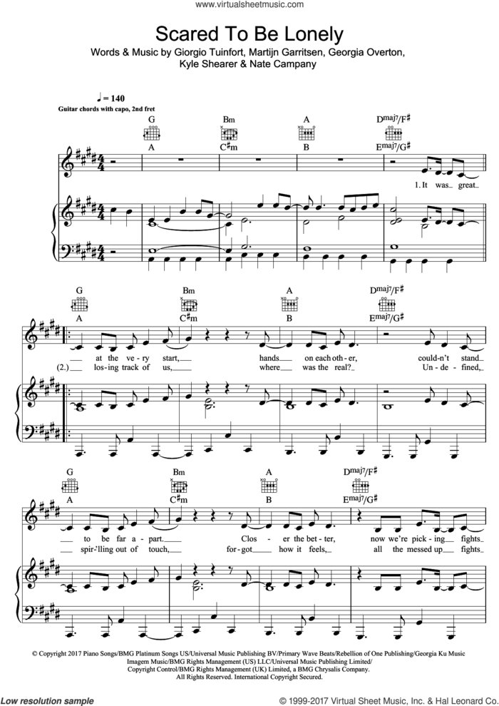Scared To Be Lonely sheet music for voice, piano or guitar by Martin Garrix and Dua Lipa, intermediate skill level