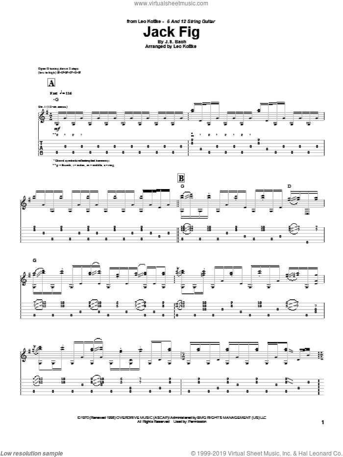 Jack Fig sheet music for guitar (tablature) by Leo Kottke and Johann Sebastian Bach, classical score, intermediate skill level