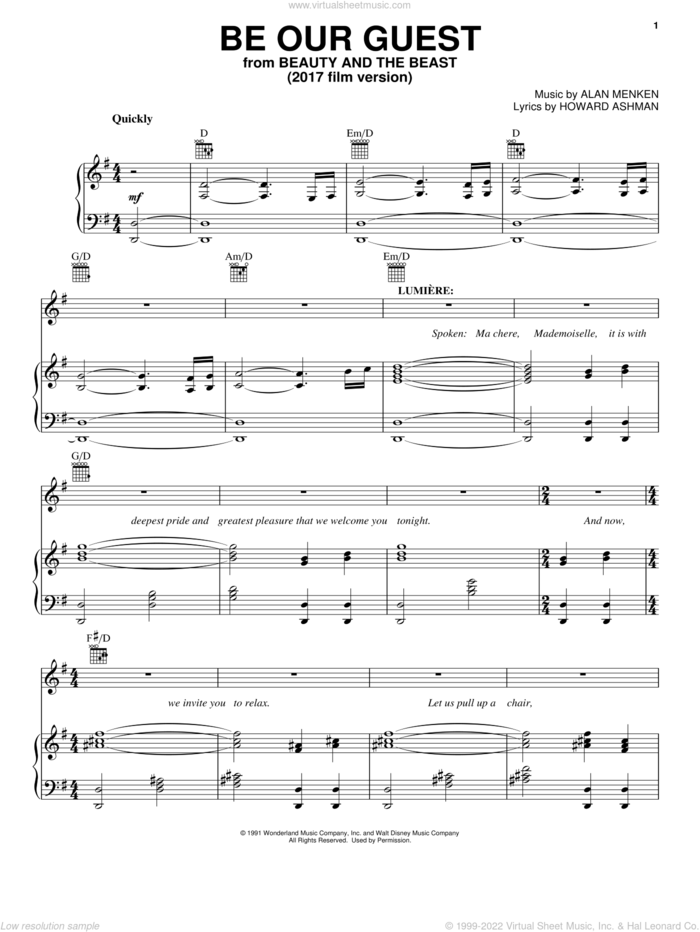 Be Our Guest (from Beauty And The Beast) (2017) sheet music for voice, piano or guitar by Beauty and the Beast Cast, Emma Thompson, Ewan McGregor, Gugu Mbatha-Raw, Ian McKellan, Tim Rice, Alan Menken, Alan Menken & Howard Ashman and Howard Ashman, intermediate skill level