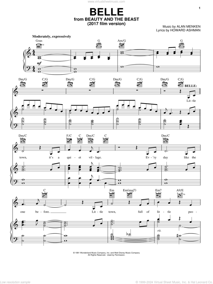 Belle (from Beauty And The Beast) sheet music for voice, piano or guitar by Alan Menken, Beauty and the Beast Cast, Emma Watson, Luke Evans, Tim Rice and Howard Ashman, intermediate skill level