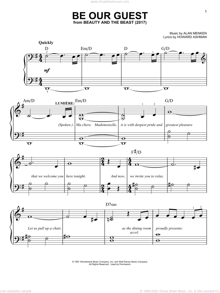 Be Our Guest (from Beauty And The Beast) (2017) sheet music for piano solo by Beauty and the Beast Cast, Emma Thompson, Ewan McGregor, Gugu Mbatha-Raw, Ian McKellan, Alan Menken, Alan Menken & Howard Ashman and Howard Ashman, easy skill level