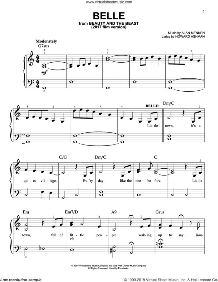 Belle (from Beauty And The Beast) sheet music for piano solo by Alan Menken, Beauty and the Beast Cast, Emma Watson, Luke Evans and Howard Ashman, easy skill level