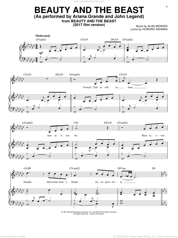 Beauty And The Beast sheet music for voice and piano by Ariana Grande & John Legend, Ariana Grande, Celine Dion & Peabo Bryson, John Legend, Alan Menken and Howard Ashman, wedding score, intermediate skill level