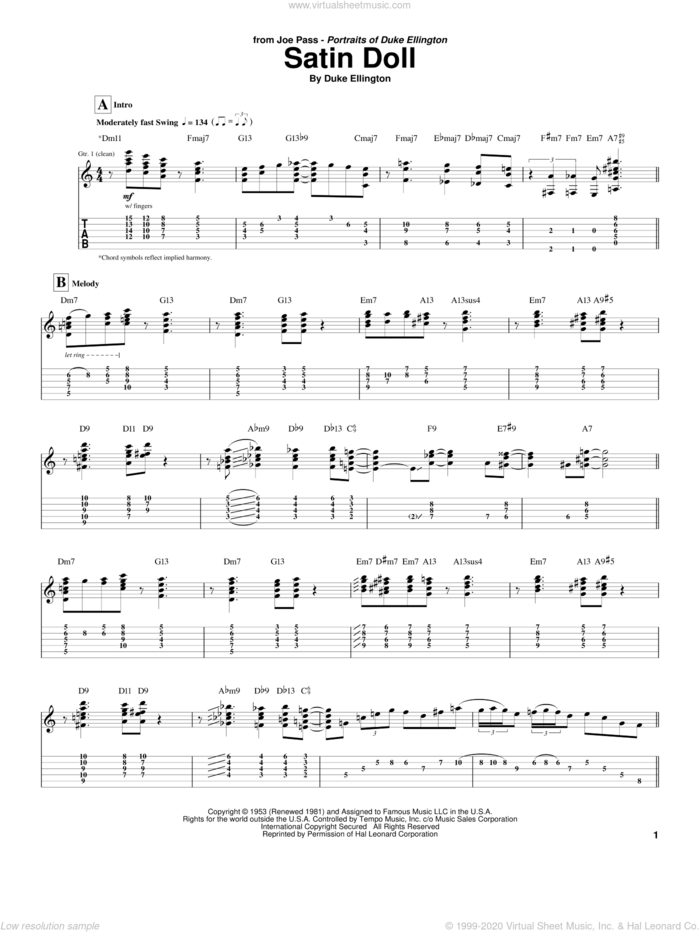 Satin Doll sheet music for guitar (tablature) by Joe Pass, Billy Strayhorn, Duke Ellington and Johnny Mercer, intermediate skill level
