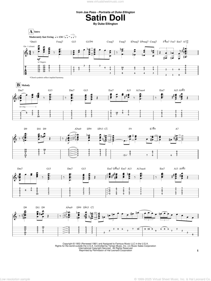 Satin Doll sheet music for guitar (tablature) by Joe Pass, Billy Strayhorn, Duke Ellington and Johnny Mercer, intermediate skill level