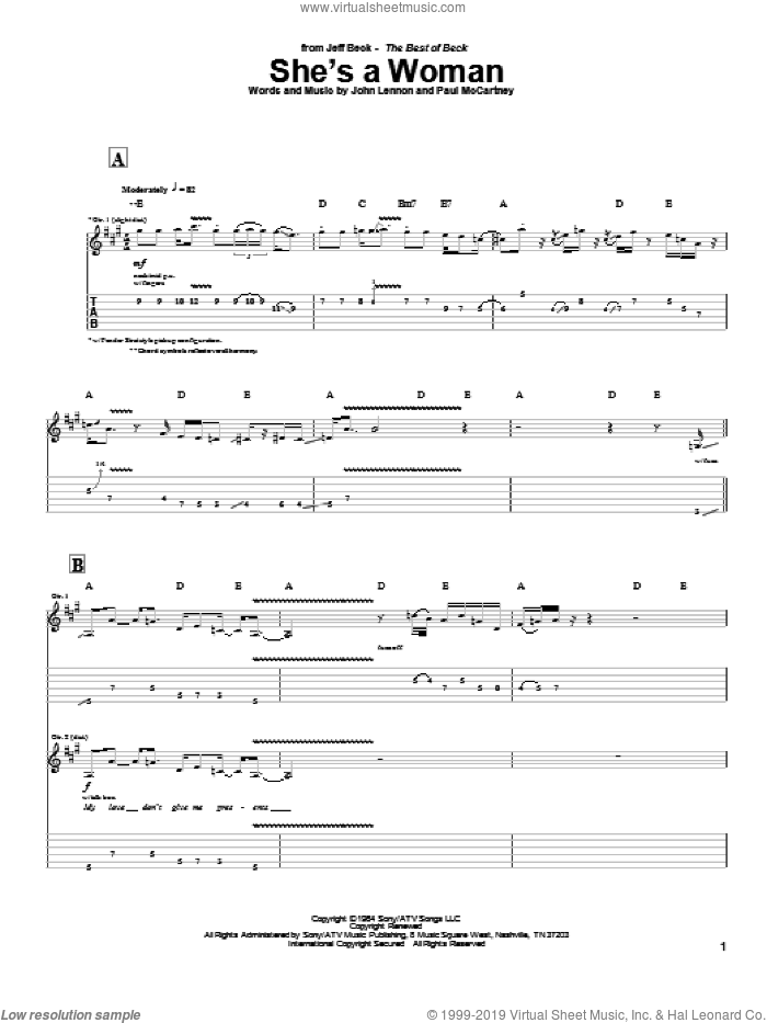 She's A Woman sheet music for guitar (tablature) by Jeff Beck, The Beatles, John Lennon and Paul McCartney, intermediate skill level
