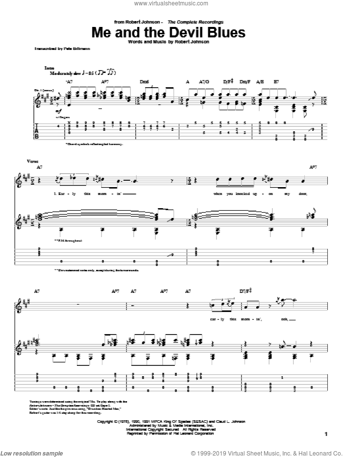 Me And The Devil Blues sheet music for guitar (tablature) by Robert Johnson, intermediate skill level