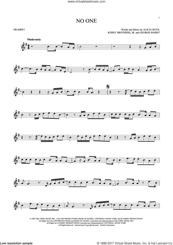 No One sheet music for trumpet solo by Alicia Keys, George Harry and Kerry Brothers, intermediate skill level