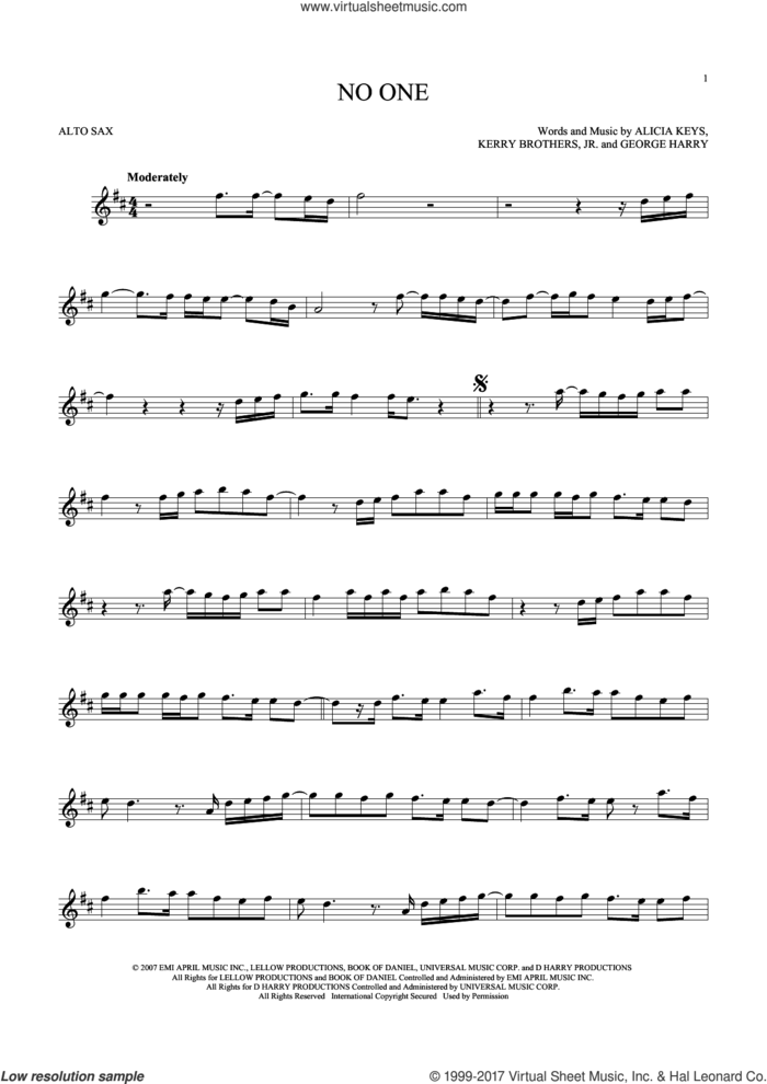 No One sheet music for alto saxophone solo by Alicia Keys, George Harry and Kerry Brothers, intermediate skill level
