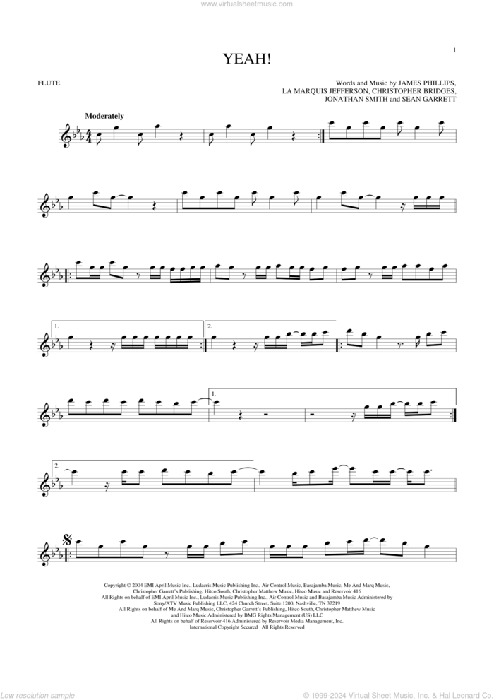 Yeah! sheet music for flute solo by Usher featuring Lil Jon & Ludacris, Christopher Bridges, James Phillips, Jonathan Smith, La Marquis Jefferson, Laurence Smith and Sean Garrett, intermediate skill level