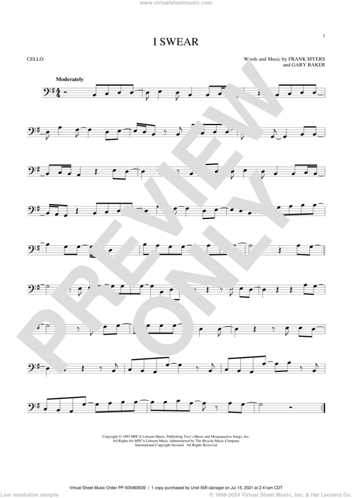 I Swear sheet music for cello solo by All-4-One, Frank Myers and Gary Baker, wedding score, intermediate skill level