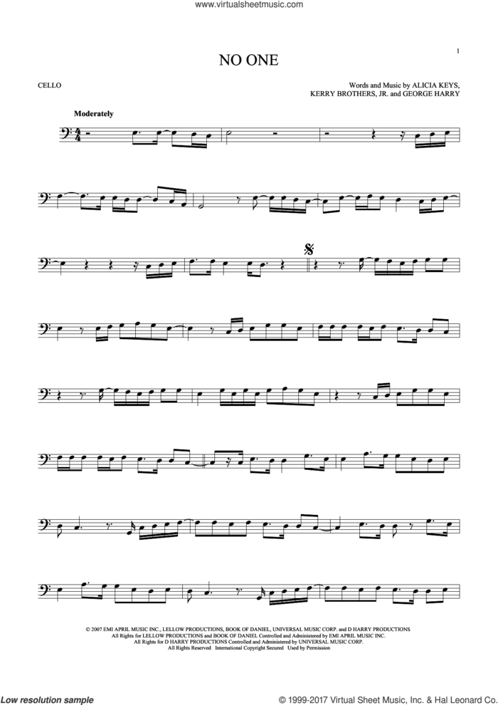 No One sheet music for cello solo by Alicia Keys, George Harry and Kerry Brothers, intermediate skill level