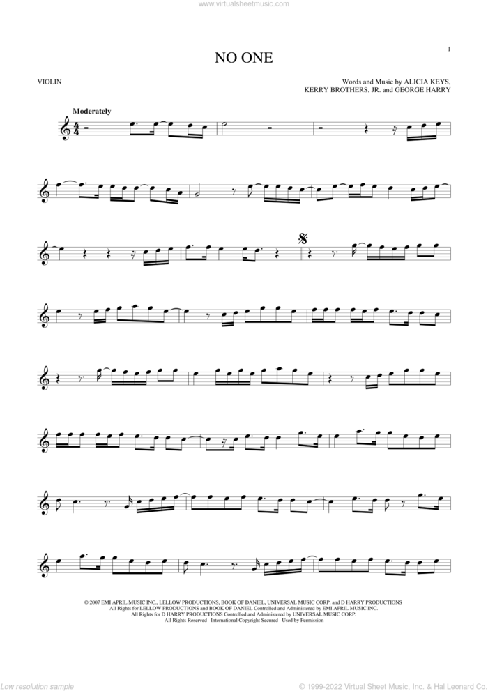 No One sheet music for violin solo by Alicia Keys, George Harry and Kerry Brothers, intermediate skill level