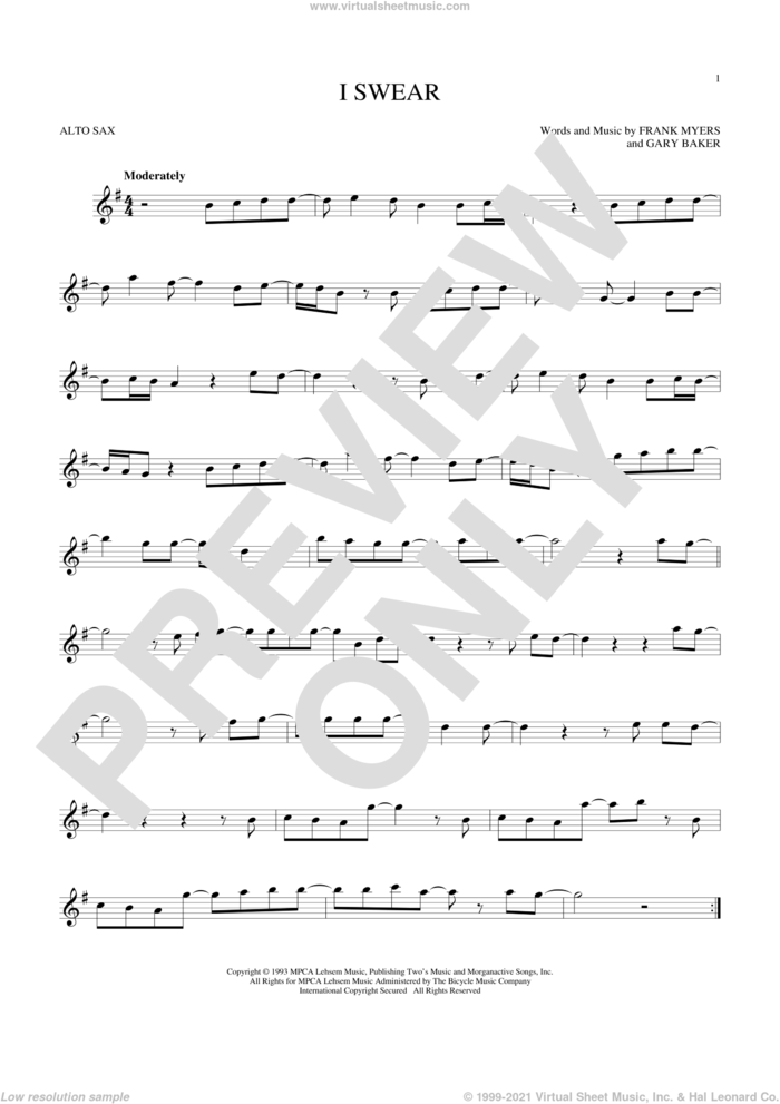 I Swear sheet music for alto saxophone solo by All-4-One, Frank Myers and Gary Baker, intermediate skill level
