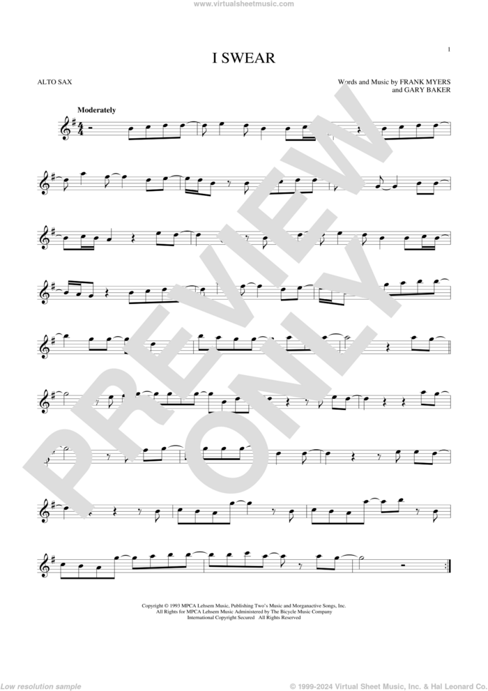I Swear sheet music for alto saxophone solo by All-4-One, Frank Myers and Gary Baker, wedding score, intermediate skill level