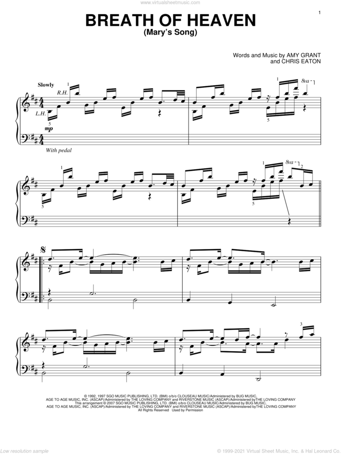 Breath Of Heaven (Mary's Song) sheet music for piano solo by Amy Grant and Chris Eaton, intermediate skill level