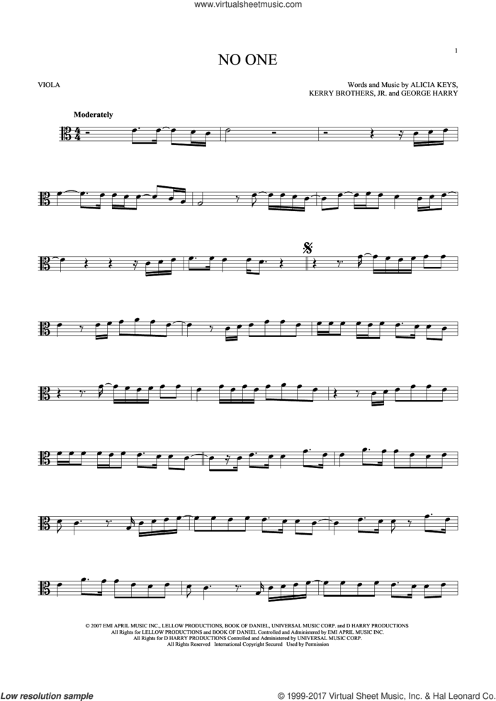 No One sheet music for viola solo by Alicia Keys, George Harry and Kerry Brothers, intermediate skill level