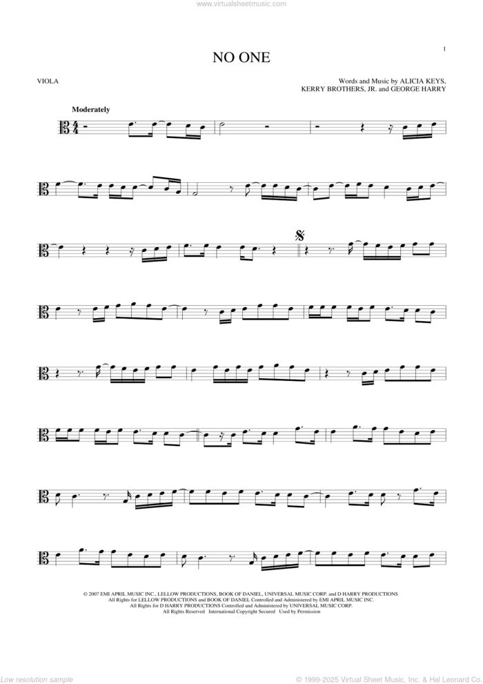 No One sheet music for viola solo by Alicia Keys, George Harry and Kerry Brothers, intermediate skill level