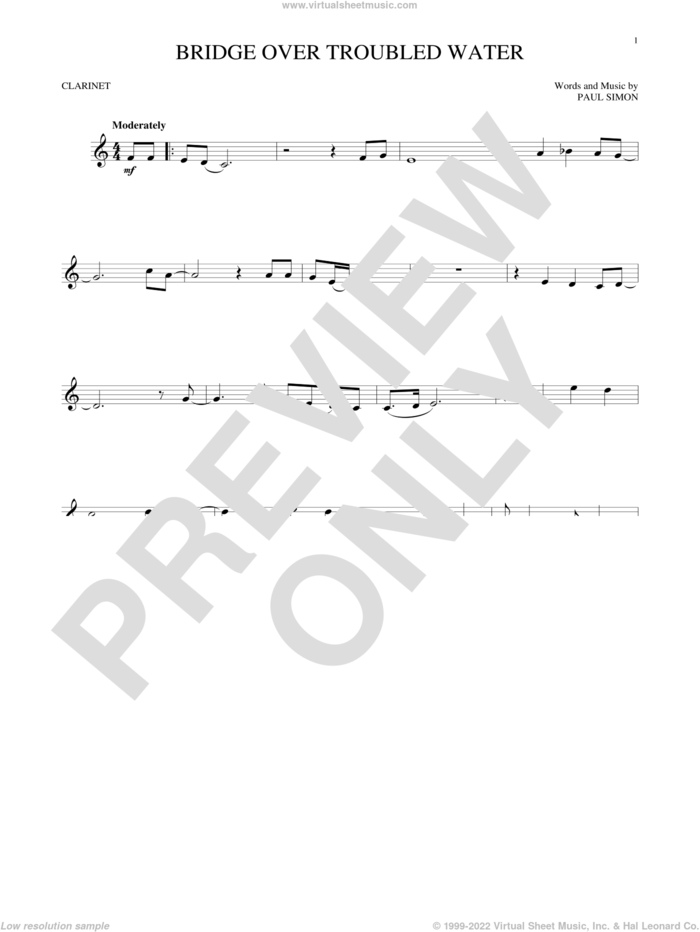 Bridge Over Troubled Water sheet music for clarinet solo by Simon & Garfunkel and Paul Simon, wedding score, intermediate skill level