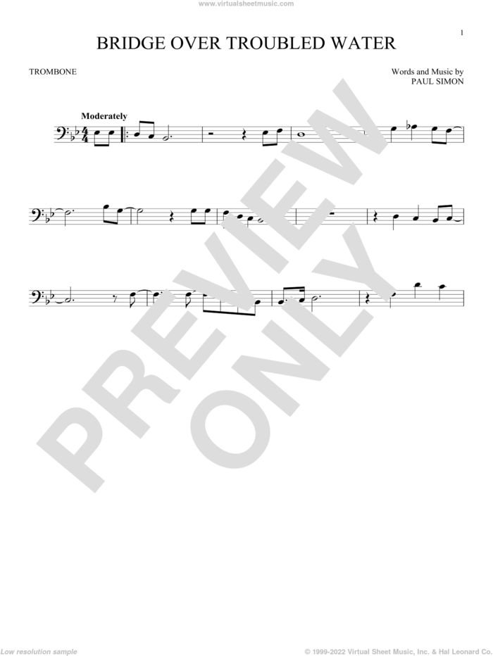 Bridge Over Troubled Water sheet music for trombone solo by Simon & Garfunkel, wedding score, intermediate skill level