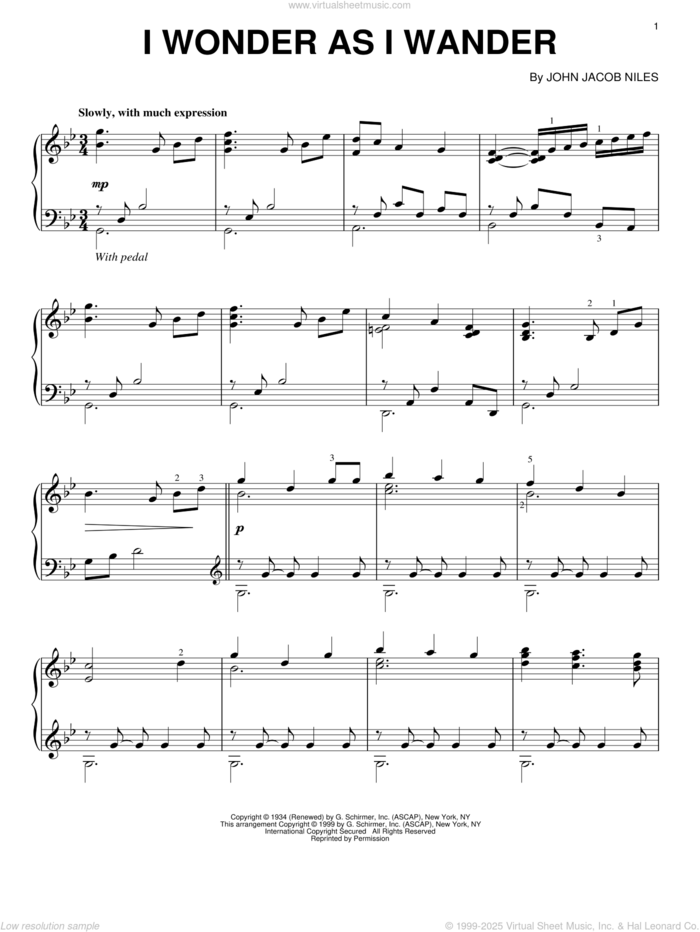I Wonder As I Wander sheet music for piano solo by John Jacob Niles, intermediate skill level