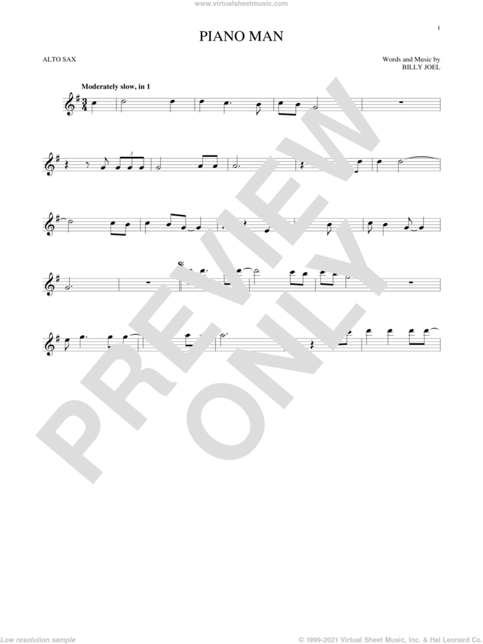 Piano Man sheet music for alto saxophone solo by Billy Joel, intermediate skill level