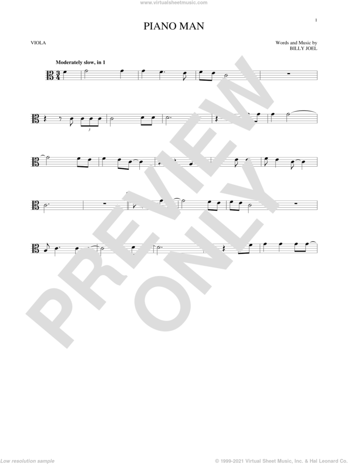 Piano Man sheet music for viola solo by Billy Joel, intermediate skill level