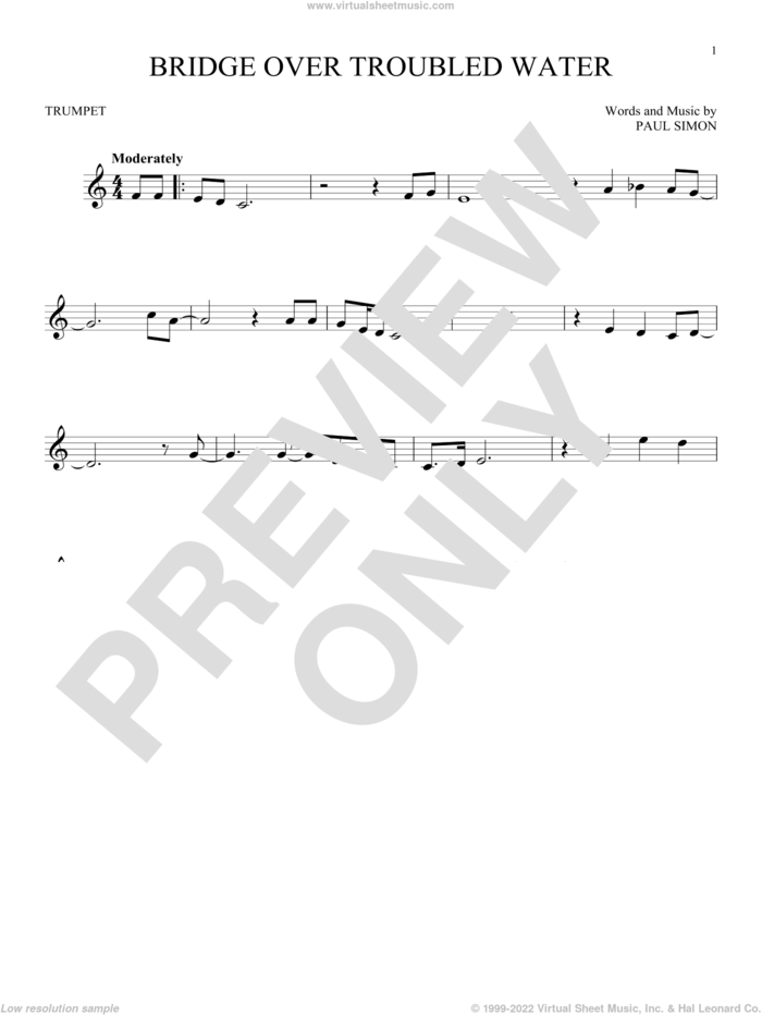 Bridge Over Troubled Water sheet music for trumpet solo by Simon & Garfunkel and Paul Simon, wedding score, intermediate skill level