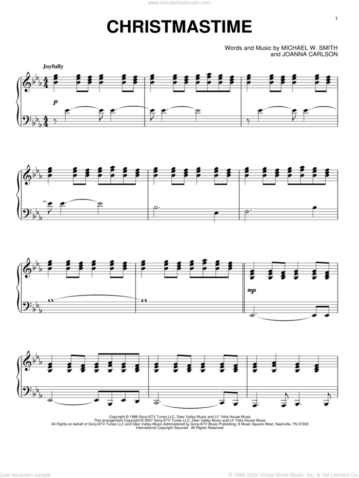 Christmastime, (intermediate) sheet music for piano solo by Michael W. Smith and Joanna Carlson, intermediate skill level