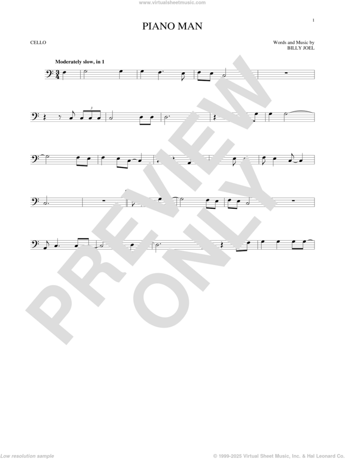 Piano Man sheet music for cello solo by Billy Joel, intermediate skill level