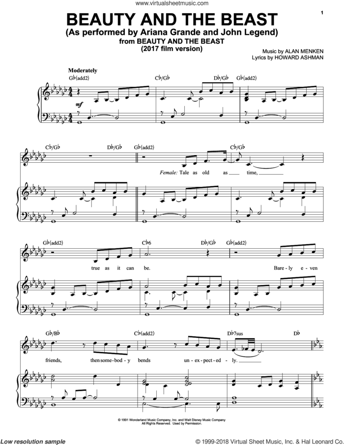 Beauty And The Beast sheet music for voice, piano or guitar by Ariana Grande & John Legend, Emma Thompson, Alan Menken and Howard Ashman, intermediate skill level