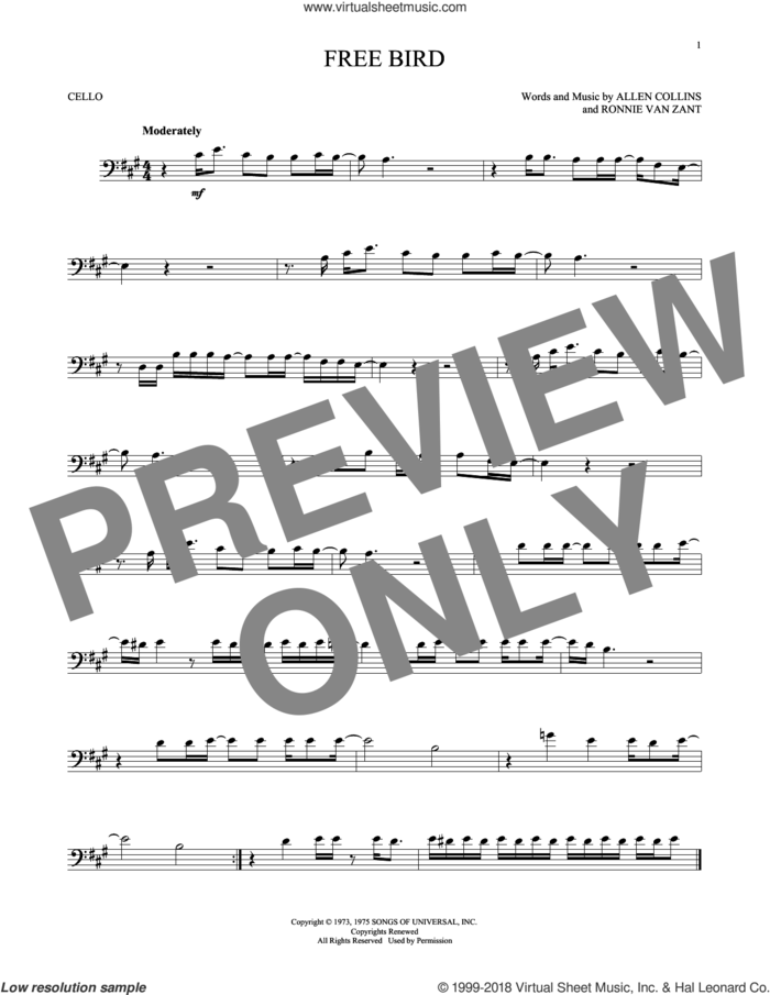 Free Bird sheet music for cello solo by Lynyrd Skynyrd, Allen Collins and Ronnie Van Zant, intermediate skill level