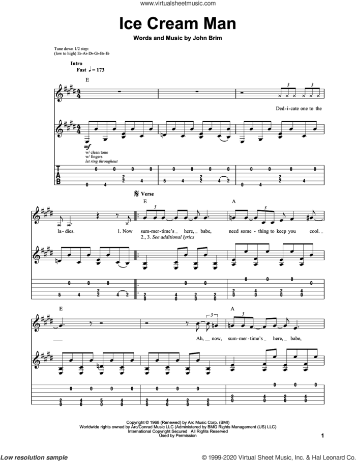 Ice Cream Man sheet music for guitar (tablature, play-along) by John Brim and Edward Van Halen, intermediate skill level