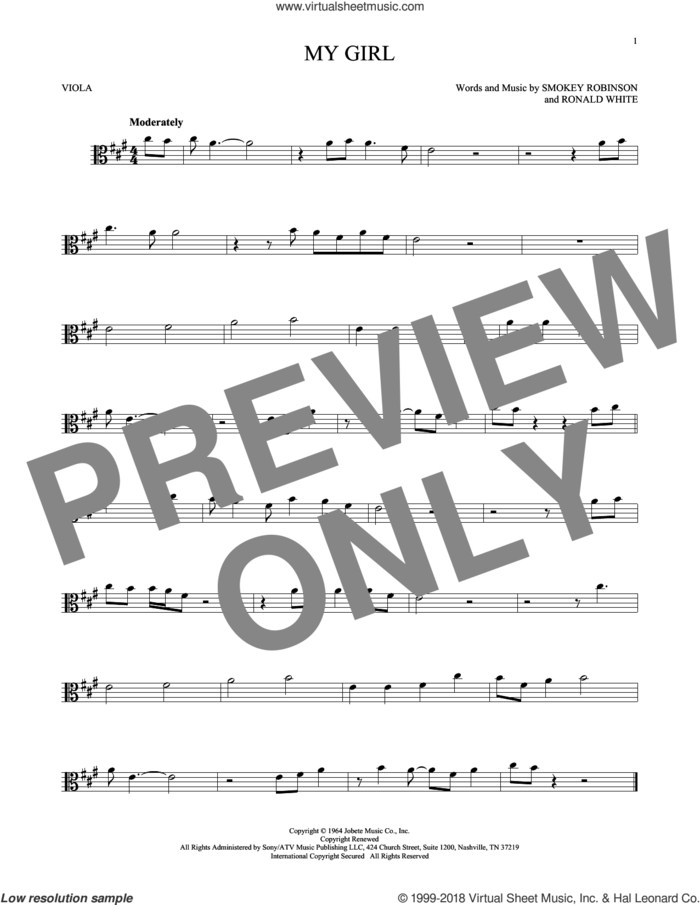 My Girl sheet music for viola solo by The Temptations and Ronald White, intermediate skill level