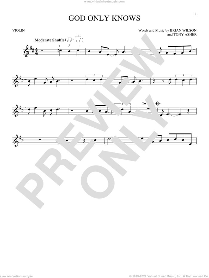 God Only Knows sheet music for violin solo by The Beach Boys, Brian Wilson and Tony Asher, intermediate skill level