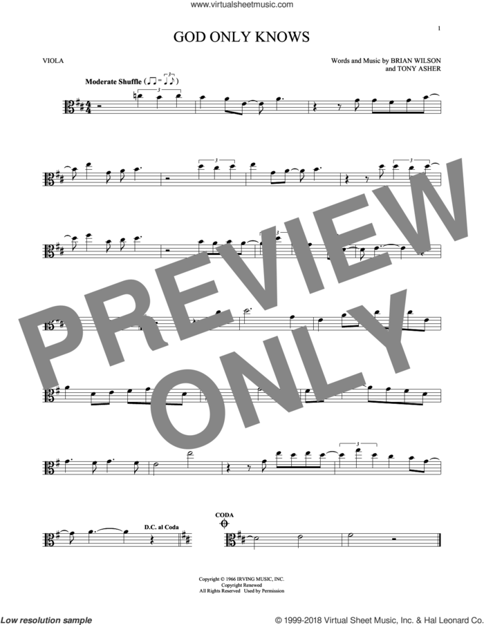 God Only Knows sheet music for viola solo by The Beach Boys, Brian Wilson and Tony Asher, intermediate skill level