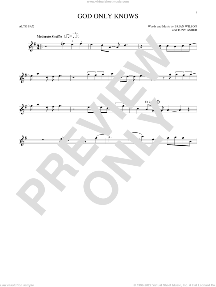 God Only Knows sheet music for alto saxophone solo by The Beach Boys, Brian Wilson and Tony Asher, intermediate skill level