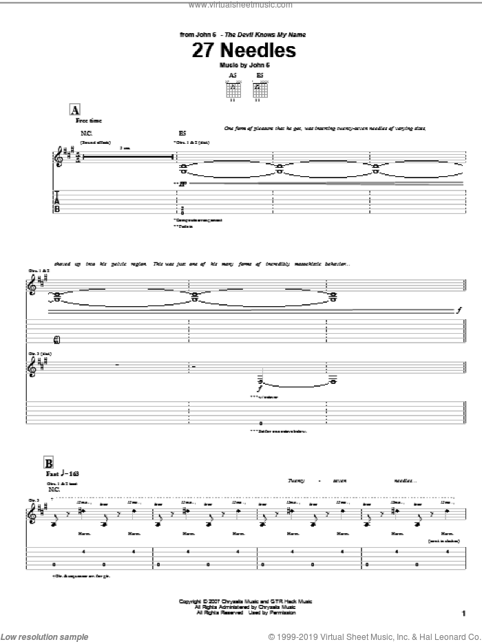 27 Needles sheet music for guitar (tablature) by John5, intermediate skill level