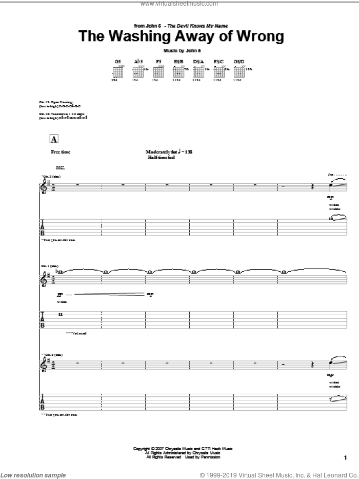 The Washing Away Of Wrong sheet music for guitar (tablature) by John5, intermediate skill level