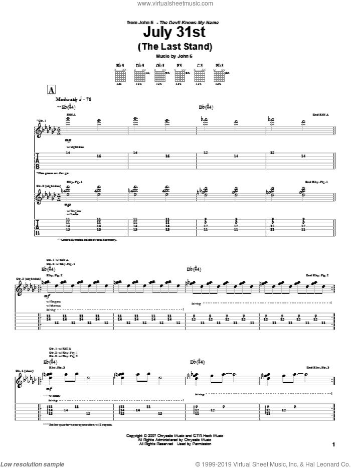 July 31st (The Last Stand) sheet music for guitar (tablature) by John5, intermediate skill level