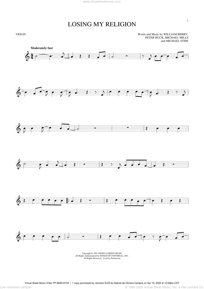 Losing My Religion sheet music for violin solo by R.E.M., Michael Stipe, Mike Mills, Peter Buck and William Berry, intermediate skill level
