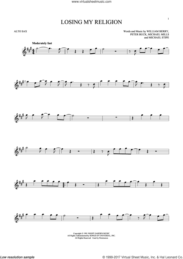 Losing My Religion sheet music for alto saxophone solo by R.E.M., Michael Stipe, Mike Mills, Peter Buck and William Berry, intermediate skill level